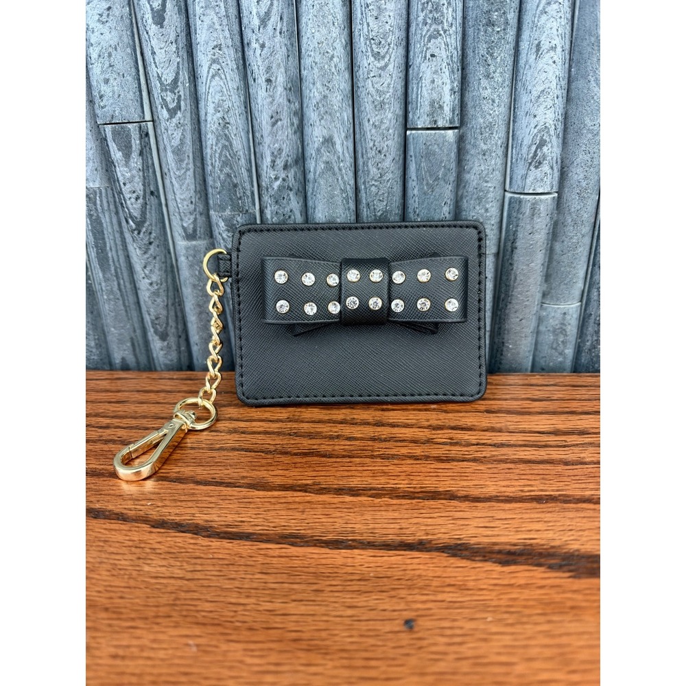 Betsey Johnson Black Saffiano Card Holder Keychain Rhinestone Bow Floral Lining
